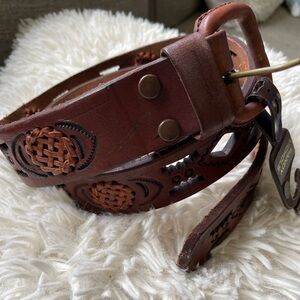 Randy Nichols Handmade Brown Tooled Western Rodeo Leather belt with woven accent